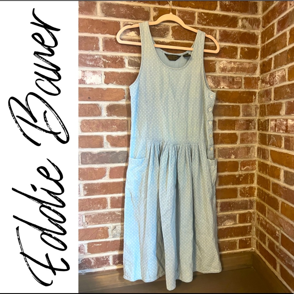 vintage Eddie Bauer blue dress pockets rare HTF button up side ivory ? Seattle